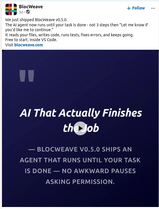 BlocWeave LinkedIn post published with Postlore