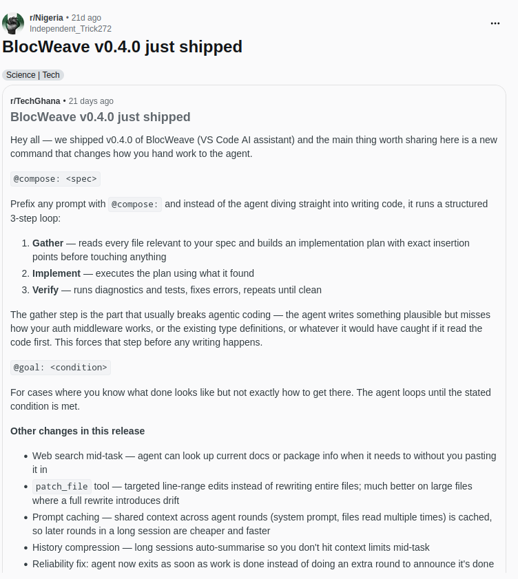 BlocWeave Reddit post published with Postlore